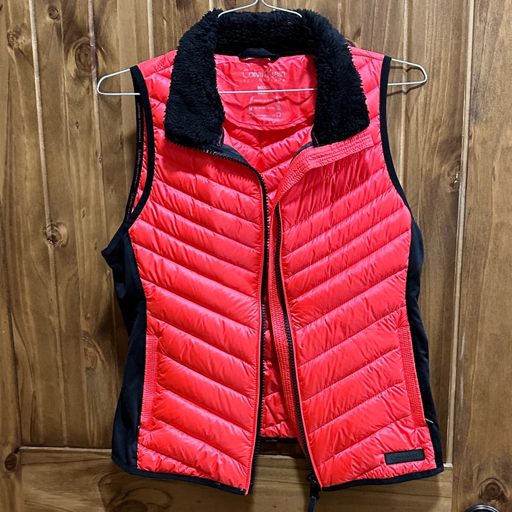 Vibrant coral and Black Quilted Vest